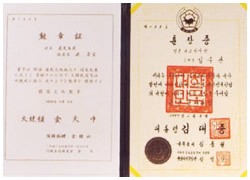大韓民国銀冠文化勲章表彰状 1999年